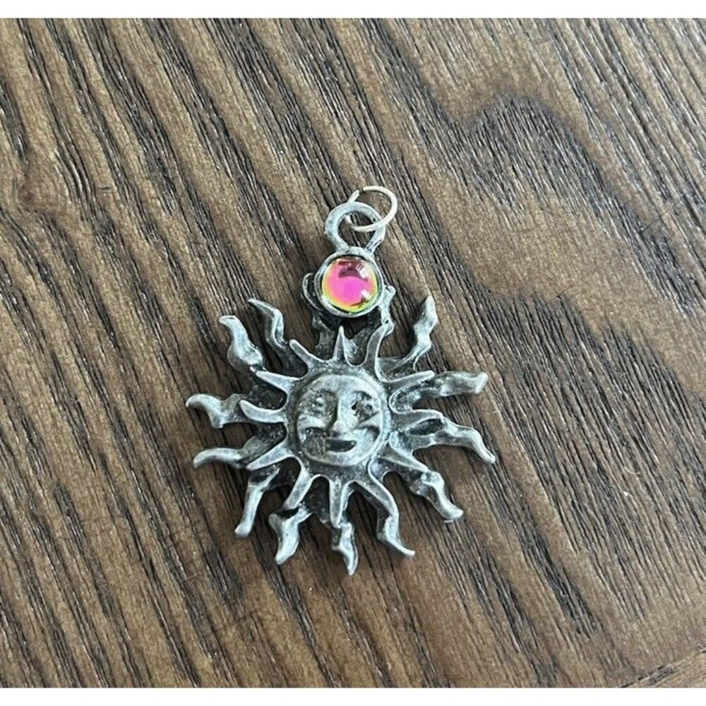 Mystical Sun Pendant With Iridescent Orb Silver Tone 1.5” Celestial Witchy Goth